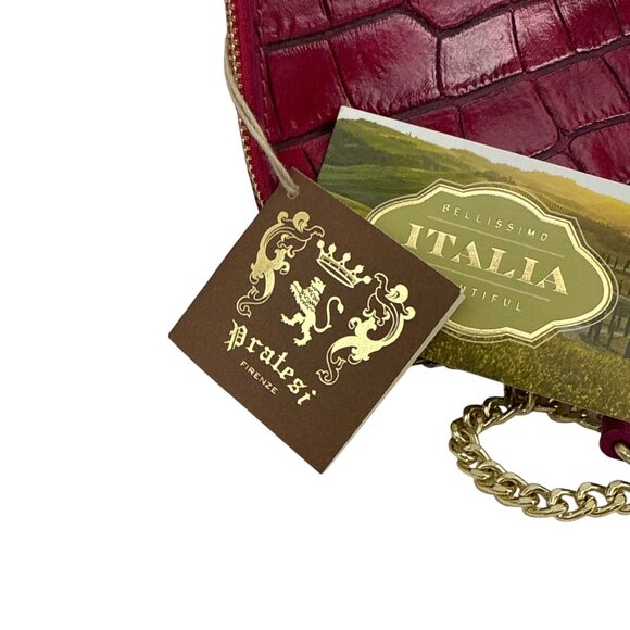 Pratesi Firenze Red Croc Embossed Leather Crossbody Bag Gold Chain Made In Italy - Picture 5 of 9
